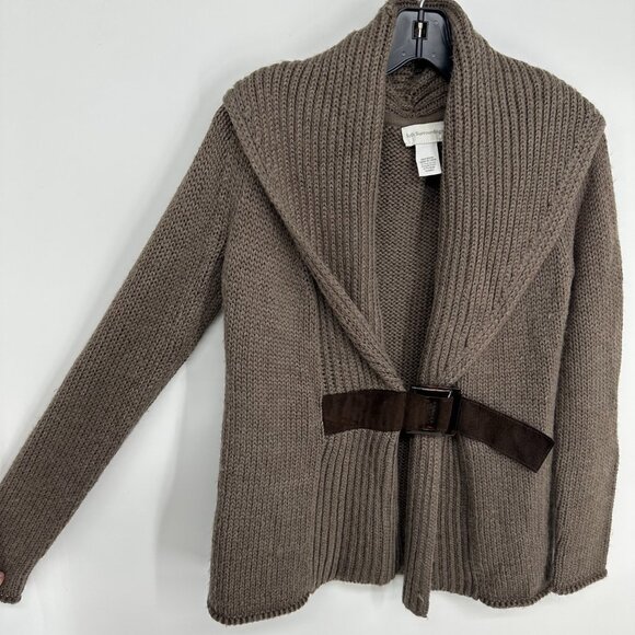 Soft Surroundings Belted Cardigan Sweater XS Chunky Knit Wool Shawl Collar Taupe - Picture 4 of 7